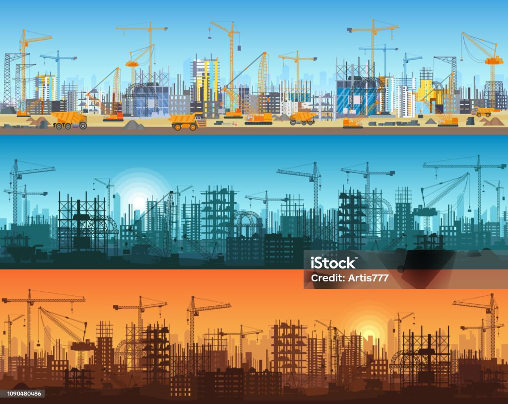 Horizontal banner of city or website construction. Tractors, grader, bulldozers, excavators and tower cranes with skyscraper under construction. Silhouette and trendy flat vector illustration. - Royalty-free Obra arte vetorial Horizontal banner of city or website construction. Tractors, grader, bulldozers, excavators and tower cranes with skyscraper under construction. Silhouette and trendy flat vector illustration. - Royalty-free Obra arte vetorial
