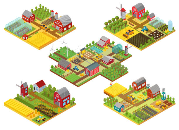 stockillustraties, clipart, cartoons en iconen met vector 3d isometrische landelijke boerderijen set met trekker, combineren harvester, house, velden windmolen en magazijnen. - boerderij