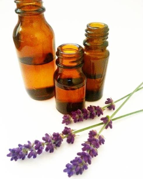 istock Lavender essential oil bottles with lavender flowers 1090482540