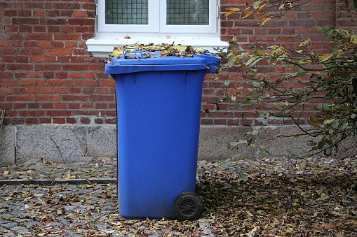 big blue garbage can is standing in front of the house