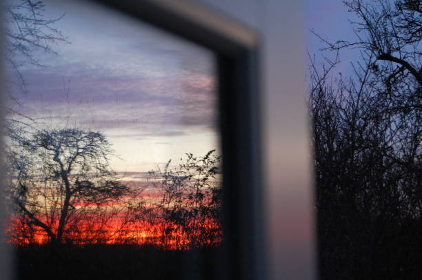istock Glass door reflecting the winter sunset. 1090484522