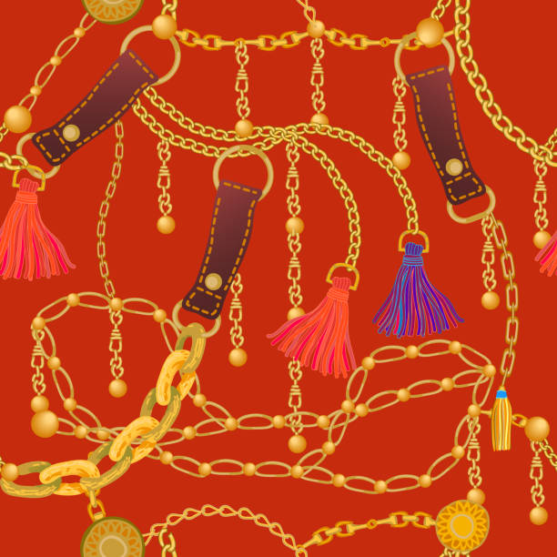 Seamless vector pattern with jewelry elements Trendy print with different chains, leather straps and colorful brushes. Women's fashon collection. red fringe dress stock illustrations