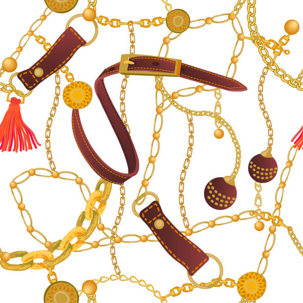 Seamless vector pattern with jewelry elements Trendy print with different chains, leather straps and colorful brushes. Women's fashon collection. red fringe dress stock illustrations