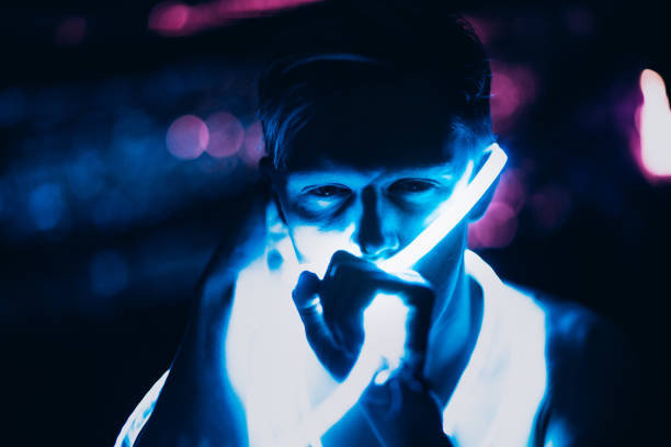 istock Portrait man Strip Light tape on dark color background 1090488092