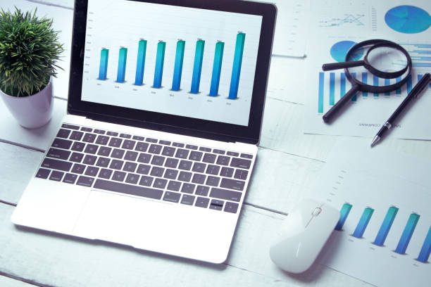 istock Graphs and charts elements on laptop computer screen  and statistical performance of the company in the past year. 1090488218