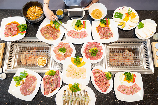 Table top view of yakiniku japanese grilled beef cuisine