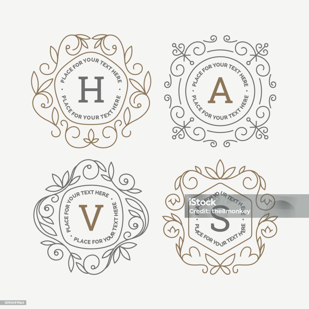 Set of monogram logo template with flourishes calligraphic elegant ornament frames. Identity design with letter for cafe, shop, store, restaurant, boutique, hotel, heraldic, fashion and etc. Set of monogram logo template with flourishes calligraphic elegant ornament frames. Identity design with letter for cafe, shop, store, restaurant, boutique, hotel, heraldic, fashion and etc Monogram stock vector