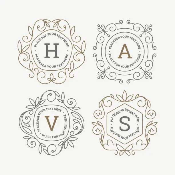 Vector illustration of Set of monogram logo template with flourishes calligraphic elegant ornament frames. Identity design with letter for cafe, shop, store, restaurant, boutique, hotel, heraldic, fashion and etc.