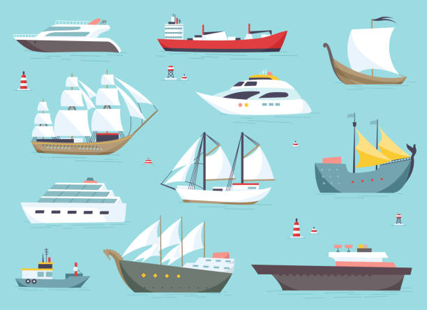 schiffe auf dem meer, versand boote set ozean transport vektor-icons - freight liner illustrations stock-grafiken, -clipart, -cartoons und -symbole