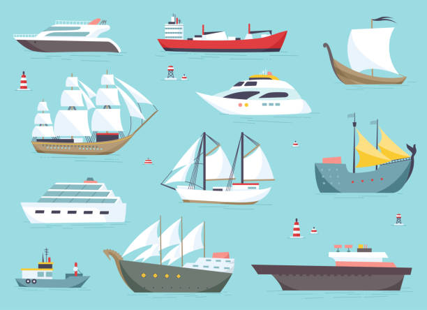 illustrazioni stock, clip art, cartoni animati e icone di tendenza di navi in mare, barche da spedizione, icone vettoriali di trasporto oceanico - cruise ship interface icons vector symbol