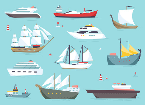 Ships at sea, shipping boats, ocean transport vector icons set.