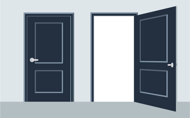 ilustraciones, imágenes clip art, dibujos animados e iconos de stock de abrir y cerrar la puerta. ilustración vectorial, diseño plano. - door