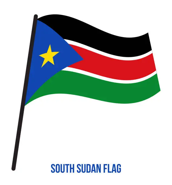 Vector illustration of South Sudan Flag Waving Vector Illustration on White Background. South Sudan National Flag.