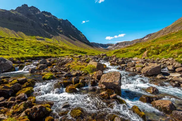 Water streams and mountain landscape of Mjoifjordur locality in Eastern Iceland