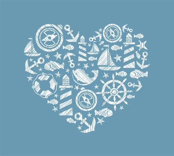 Vector illustration of Sea heart background, blue, vector.