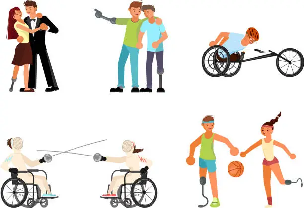 Vector illustration of Set of Men and women sportsmens with incapability.