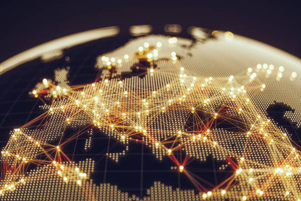 Abstract globe with golden lights and networks on black background.\nEurope region.