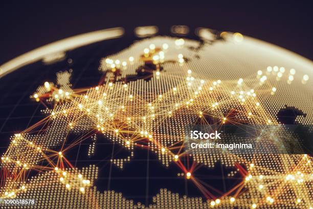 Abstract Black And Golden Globe With Glowing Networks Europe Stock Photo - Download Image Now