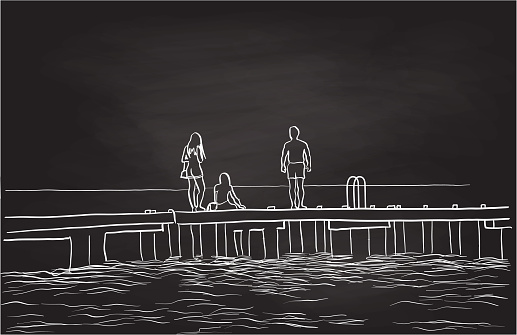 Young people sitting on the dock chalkboard illustration