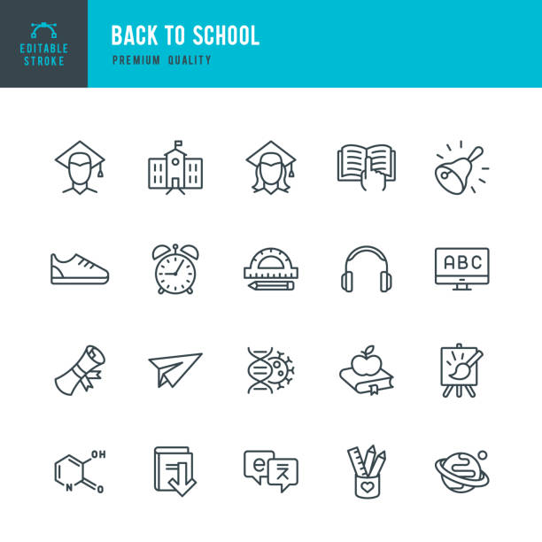 ilustrações de stock, clip art, desenhos animados e ícones de back to school - set of line vector icons - letter alphabet symbol fruit