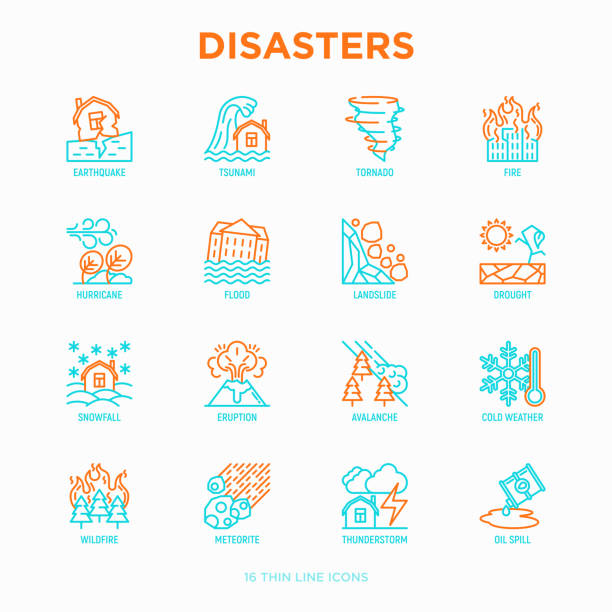 ilustraciones, imágenes clip art, dibujos animados e iconos de stock de desastres delgados línea set de iconos: terremoto, tsunami, tornado, huracán, inundación, deslizamientos, sequía, nevadas, erupción, tormenta, avalancha, meteorito, wildfire. ilustración de vector moderno. - catástrofe natural