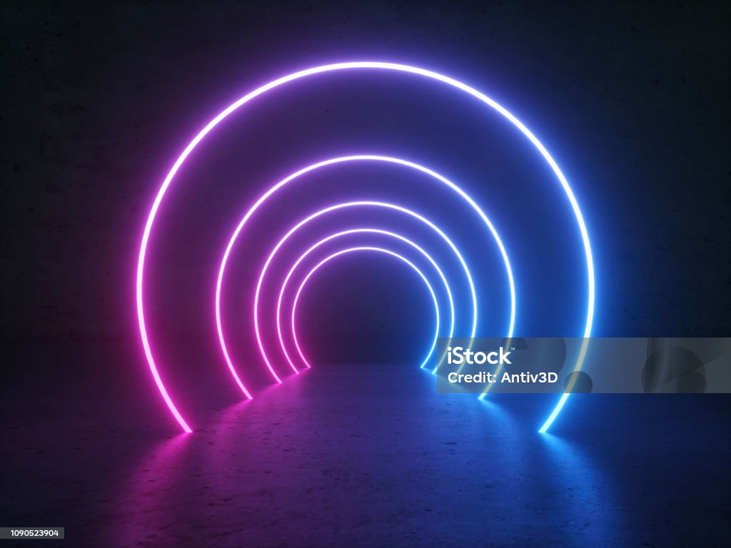 Tubi a forma rotonda a cerchio luminoso al neon su pavimento in calcestruzzo a riflessione - Foto stock royalty-free di Neon