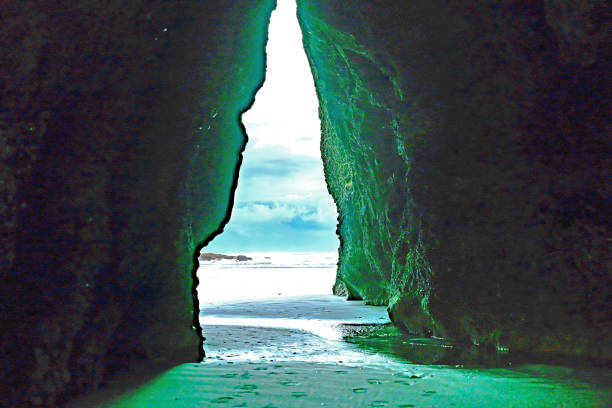 Daylight strikes wall highlighting green algal growth in view through archway rocks to dramatic sky and sea at Puponga South Island New Zealand.