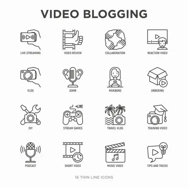 Vector illustration of Video blogging thin line icons set: vlog, ASMR, mukbang, unboxing, DIY, stream game, review, collaboration, podcast, tips and tricks. Modern vector illustration.