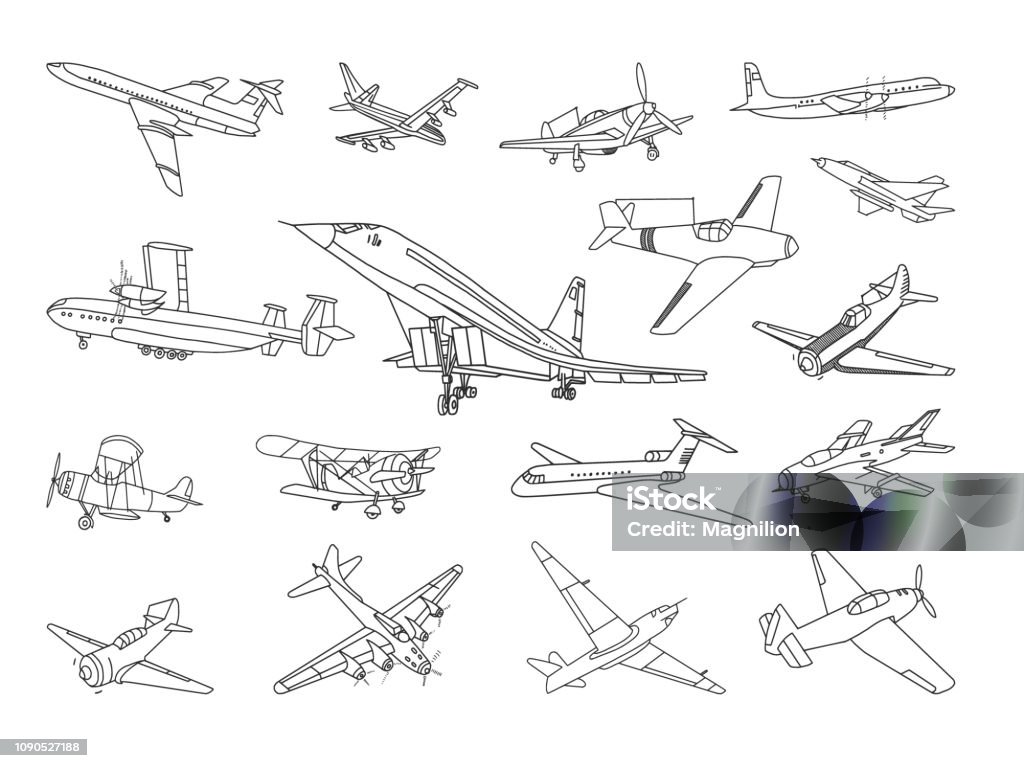 Aircraft Vector Doodles Set Vector set of different types of airplanes. Airplane stock vector