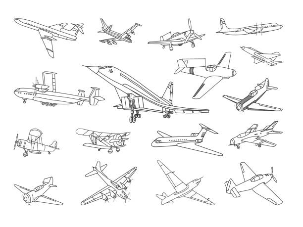 Aircraft Vector Doodles Set Vector set of different types of airplanes. airplane commercial airplane propeller airplane aerospace industry stock illustrations