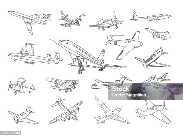 Aircraft Vector Doodles Set Stock Illustration - Download Image Now - Airplane, Drawing - Activity, Drawing - Art Product