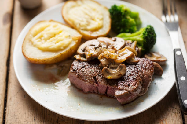 istock Steak with mushroom sauce, baked potatoes, broccoli 1090533330