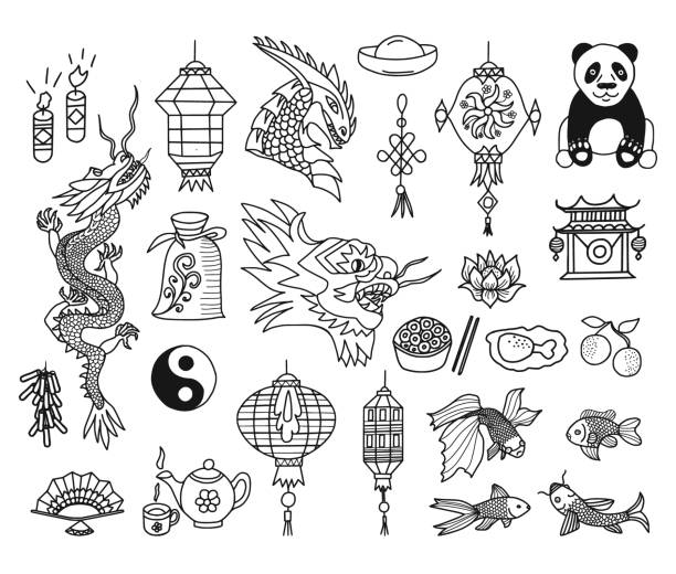 Chinese New Year Vector Doodles Set Hand drawn illustrations Chinese New Year. Vector doodles set. lotus flower drawing stock illustrations