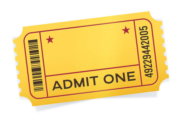 Admit One Event Ticket Admit one yellow event ticket angled with space for copy. ticket stock illustrations