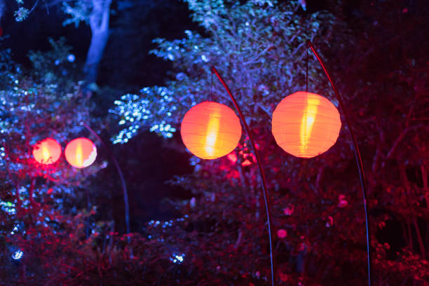 istock Beautiful glowing lanterns at night 1090539216