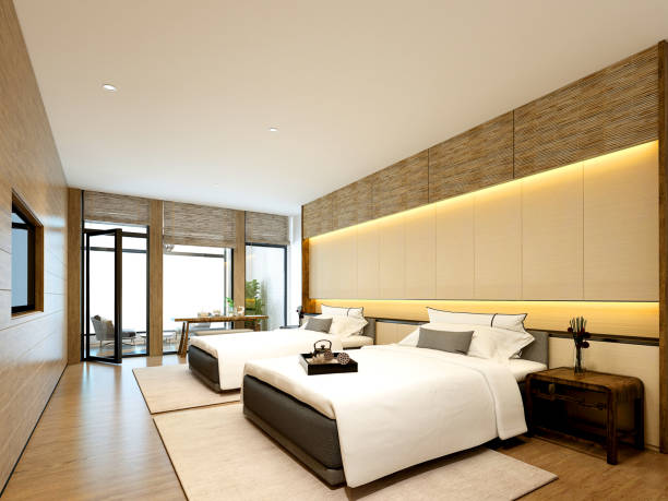 3d сделать роскошный номер в отеле с двумя кроватями - hotel room hotel bedroom contemporary стоковые фото и изображения