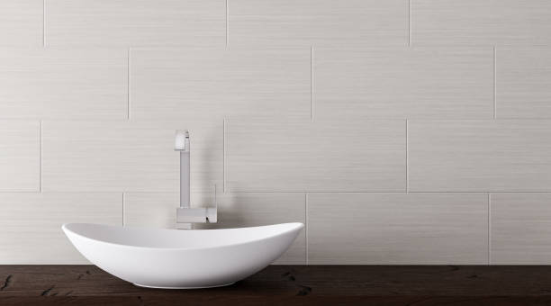 wodden 최고 허영 3d 그림에 욕실 세 면 대 분 지의 클로즈업 - porcelain tiles 뉴스 사진 이미지