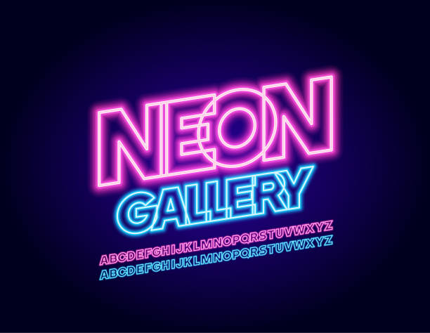 illustrazioni stock, clip art, cartoni animati e icone di tendenza di galleria neon banner luminosa vettoriale. carattere luce colorata - fonte di elettricità
