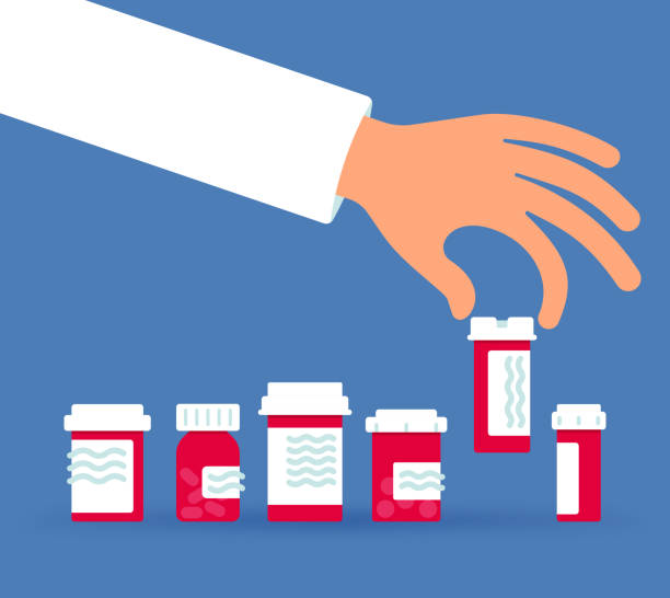 Selecting a Prescription Drug Prescription medicine bottles for health care. pharmaceutical factory stock illustrations