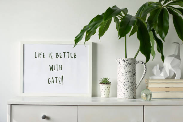 istock Stylish and minimalistic white interior with mock up photo frame , cacti figures, books and tropical leaf. White concept of cupboard shelf. 1090546718