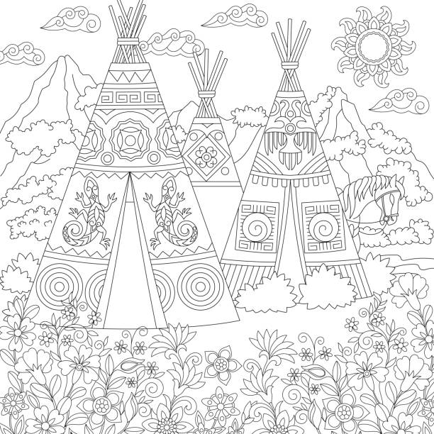 北アメリカの歴史的な村の着色のページ - wigwam tent north american tribal culture indigenous culture点のイラスト素材／クリップアート素材／マンガ素材／アイコン素材