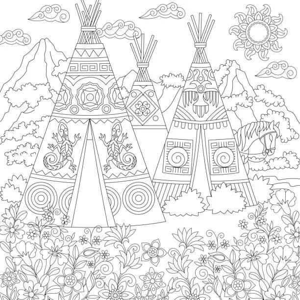 Vector illustration of Coloring page of North American historical village