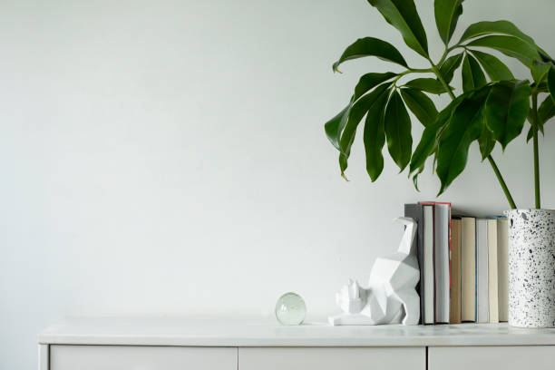 istock Minimalistic concept of white home interior whit copy space, tropical leaf and cat figures. Scandinavian white cupboard concept. 1090546852