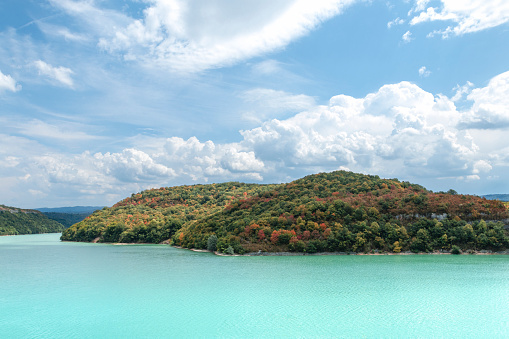 Wonderful, turquoise lake Lac de Vouglans in La tour du meix, Orgelet, France, Europe.