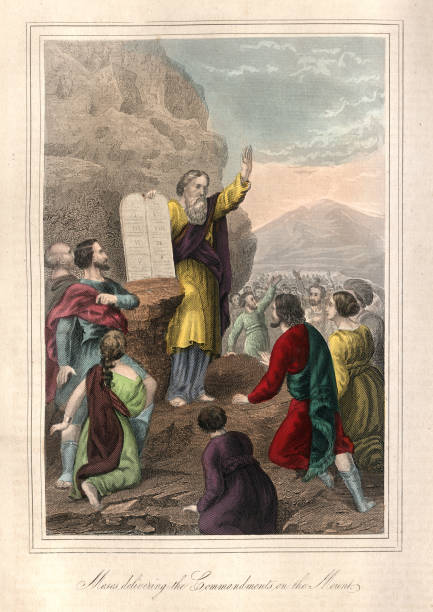 Moses delivering the Commandments on the Mount Vintage engraving of Moses delivering the Commandments on the Mount ten commandments stock illustrations