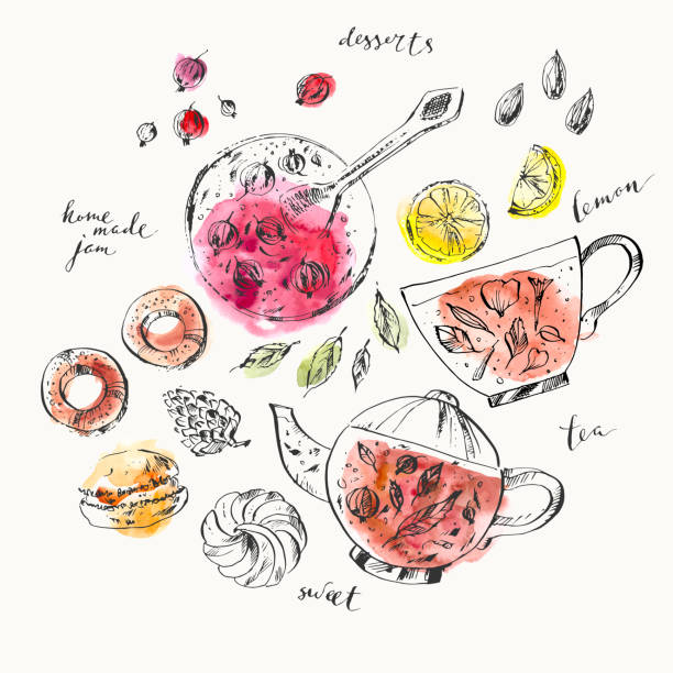 ilustrações, clipart, desenhos animados e ícones de ilustração de tinta e aquarela chá e sobremesa. - tea party illustrations