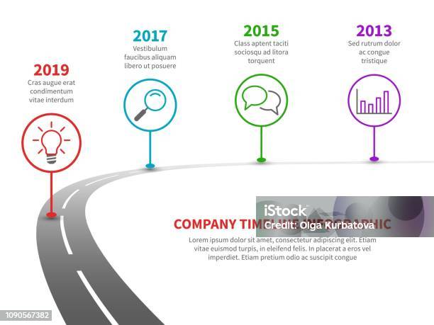 Timeline Road Infographic Strategy Process To Success Roadmap With History Milestones Business Planning Template Stock Illustration - Download Image Now