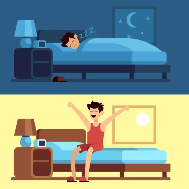 Vector illustration of Man sleeping waking up. Person under duvet at night and getting out of bed morning. Peacefully sleep in comfy mattress