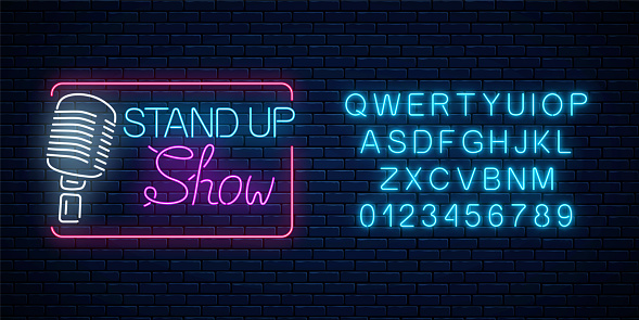 Neon stand up show sign with retro microphone on a brick wall background. Comedy battle glowing signboard with alphabet. Vector illustration.