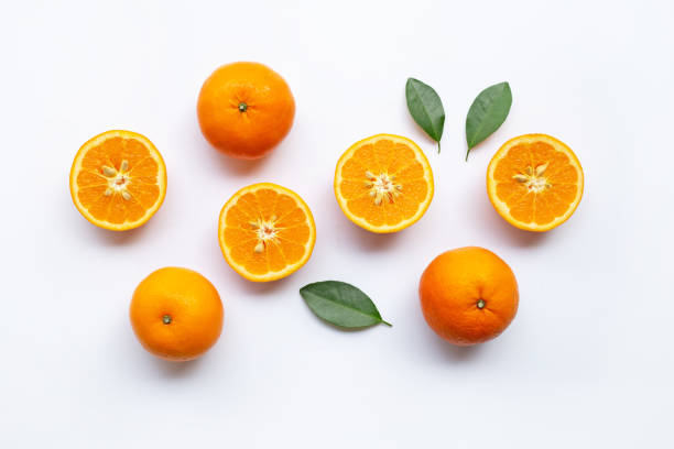 istock Fresh orange citrus fruits with leaves on white background. 1090573170